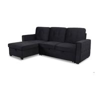 Menzzo Canapé d'angle Convertible Delacroix 4 Places en Velours Noir - Réversible avec Coffre de Rangement - Couchage 120 x 198 cm - L230 x P153 x H93 cm