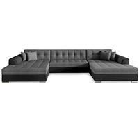 Menzzo Canapé panoramique d’Angle Convertible Vento - Simili Noir & Tissu Gris foncé - Grand canapé en U 7 Places - Couchage intégré - L355 x P165 x H80 cm