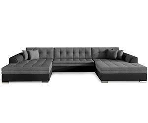 Menzzo Canapé panoramique d’Angle Convertible Vento - Simili Noir & Tissu Gris foncé - Grand canapé en U 7 Places - Couchage intégré - L355 x P165 x H80 cm