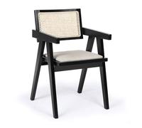 Menzzo Chaise HIRO avec accoudoirs et cannage rotin - Bois foncé et Tissu Beige - Chaise Design contemporaine pour Salle à Manger ou Bureau