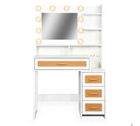 Menzzo Coiffeuse Miraclas – 4 tiroirs, miroir LED 3 couleurs, L92 cm, blanc et rotin