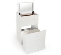 Menzzo Coiffeuse compacte Germina 48 cm - Miroir LED - Tiroir + Pouf intégré - Blanc - Meuble Maquillage Gain de Place
