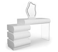 Menzzo Coiffeuse MEZADE Extensible 101-140 cm - 5 tiroirs arrondis avec Miroir LED Design - Meuble de Maquillage Moderne Blanc modulable avec Plateau Verre et rangements