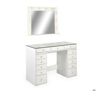 MENZZO Coiffeuse moderne 13 tiroirs avec miroir lumineux et plateau en verre L120cm Probeauty Blanc