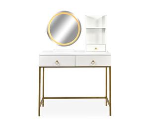 Menzzo Coiffeuse Oracle avec Miroir Rond Lumineux - 90 cm - Meuble Maquillage Blanc & Or - Éclairage LED Moderne - Table de beauté avec Rangement