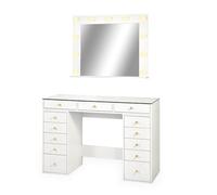 Menzzo Coiffeuse Probeauty 120 cm avec Miroir LED Lumineux - 13 tiroirs - Plateau en Verre - Table de Maquillage Design Moderne avec Grand Rangement - Meuble Coiffeuse Blanc