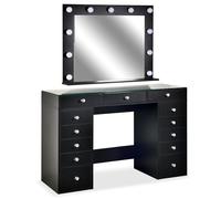 Menzzo Coiffeuse Probeauty - 13 tiroirs - Miroir Lumineux LED - Plateau en Verre - Noir - L120 x P55 x H140 cm - Table de Maquillage Moderne