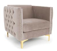 Menzzo Fauteuil Joshua – Dossier capitonné en velours taupe, pieds en bois L83×P70×H74 cm