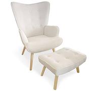 Menzzo Fauteuil scandinave avec Pouf LYLOU en Tissu Bouclette crème - Fauteuil Relax avec Repose-Pieds - Style Nordique Cosy & Confortable