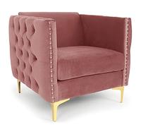 Menzzo Fauteuil Scandinave Joshua en Velours Rose - avec accoudoirs capitonnés, Assise Profonde & Moelleuse - Pieds métal doré - Salon, Chambre ou Bureau