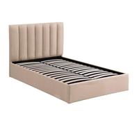Menzzo Lit Coffre SONGE 140x190 cm - Sommier Relevable avec Rangements - Lit Double Design en Tissu Beige avec Tête de Lit Rembourrée Moderne