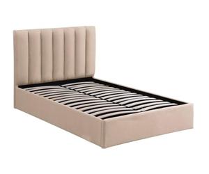 Menzzo Lit Coffre SONGE 140x190 cm - Sommier Relevable avec Rangements - Lit Double Design en Tissu Beige avec Tête de Lit Rembourrée Moderne