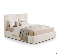 Menzzo Lit Coffre SONGE 180x200 cm - Tissu Bouclette Beige - Sommier relevable avec Rangement intégré - Lit Double Design Contemporain avec tête de lit rembourrée