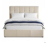 Menzzo Lit Double Luftani 140×190 cm - Velours Beige avec Sommier Relevable, Cadre de Lit Design et Rangement Optimisé