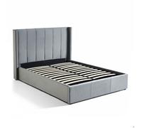 Menzzo Lit double Magorial 140x190 cm Velours gris – sommier relevable avec coffre, tête capitonnée