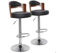 Menzzo Lot de 2 Chaises de Bar Ruben Bois Noisette & Noir - Hauteur réglable 65-85 cm - Chaises Pivotantes Design Industriel Confortables pour Cuisine & Îlot Central