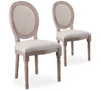 Menzzo Lot de 2 chaises médaillon Louis XVI - Bois Massif patiné & cannage Naturel - Assise Tissu Beige - Style Classique Chic pour Salle à Manger