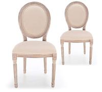 Menzzo Lot de 2 chaises médaillon Style Louis XVI - Tissu Beige Effet Lin, Bois patiné, Assise et Dossier rembourrés - chaises de Salle à Manger élégantes Vintage Chic, L49 × P46 × H96 cm