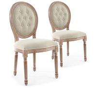 Menzzo Lot de 2 chaises Style médaillon Louis XVI - Tissu Beige capitonné & Bois patiné - Design Classique Chic - Chaises Salle à Manger élégantes - L49 x P46 x H96 cm
