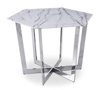 MENZZO Table hexagonale 120cm Zadig Verre Effet marbre blanc et pied Métal Argent - table à manger