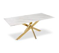 MENZZO Table à manger Naelle en Verre effet Marbre Blanc et pieds Or