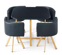 Menzzo Table A Manger Scandinave Oslo avec Chaises Encastrable Revêtement Simili Noir - Pieds Métal Couleur Bois, Assise Moelleuse et Confortable - L90 x P90 x H75 cm