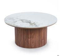 MENZZO Table basse moderne ronde 80cm Eglantine Bois et Céramique Effet marbre Blanc