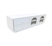 Menzzo Table Basse Volos 100 cm Blanc Texturé avec Rangement Portes Vitrées et Tiroirs - Meuble Salon Design Naturel Chic