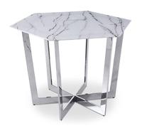 MENZZO Table hexagonale 120cm Zadig Verre Effet marbre blanc et pied Métal Argent - table à manger