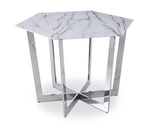 MENZZO Table hexagonale 120cm Zadig Verre Effet marbre blanc et pied Métal Argent - table à manger