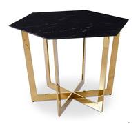 Menzzo - Table hexagonale ZADIG 120 cm - Plateau verre effet marbre noir - Pieds métal doré