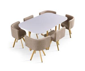 MENZZO Table rectangulaire 150cm avec 6 chaises gain de place Oslo Blanc et Tissu Taupe - table à manger