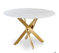 MENZZO Table ronde Corix Verre effet Marbre Blanc et pieds Or - table à manger