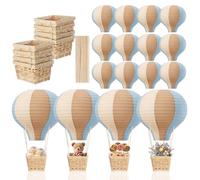 Meooeck Lot de 8 décorations de table montgolfières Bleu/marron | Décorations de salle de classe, lanternes en papier de 30 cm avec panier pour fête prénatale, fête d'anniversaire, mariage