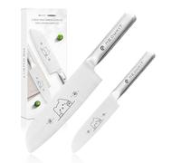 MEOWKIT Set de 2 Couteaux de Cuisine, Acier Inoxydable, Pointe arrondie | Set de Couteaux Japonais avec Motif de Chat Mignon, compris 17,6cm Couteau de Santoku et 11,3cm Couteau d'office, Argent
