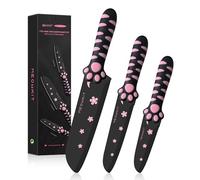 MEOWKIT Set de Couteaux 3 Pièces pour Amoureux des Chats, Rose et Noir | Set Acier Inoxydable avec Couteaux Santoku, Universel et D’office, Manches Soft-Touch en Patte de Chat, la Maison ou à Offrir