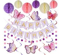 meowtastic Décorations d'anniversaire violettes - Bannière « Happy Birthday » violette avec boule en nid d'abeille, serpentins à suspendre, guirlande de pois ronds - Décoration de fête d'anniversaire