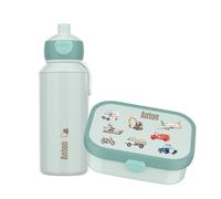 Mepal Ensemble boîte à goûter et gourde personnalisées, boîte à déjeuner pour enfant avec compartiments, boîte à déjeuner et bouteille d'eau avec nom, anti-fuite, motif de véhicules colorés (menthe)