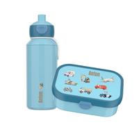 Mepal Ensemble boîte à goûter et gourde personnalisées, boîte à déjeuner pour enfant avec compartiments, boîte à lunch et bouteille d'eau avec nom, anti-fuite, motif de véhicules colorés (bleu clair)