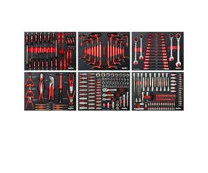 Mephisto 6 inserts avec outils tels que clés à cliquet, jeu de douilles, jeu d'embouts, pinces, tournevis, six pans creux, six ronds creux, clés mixtes à cliquet dans des insert souples en Carbon Lock