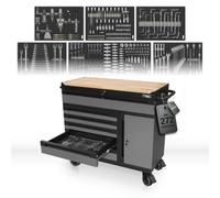 Mephisto Chariot à outils Twin Industrial Line avec plateau en bois | Chariot d'atelier avec 6 tiroirs et kit d'outils de 272 pièces
