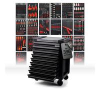 Mephisto ProLine Full Black Chariot d'atelier avec 9 tiroirs, Tous remplis d'outils tels Que liquet avec boîte à écrous, Tournevis, VDE avec Inserts Souples en