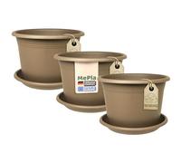 MePla Lot de 3 pots de fleurs Cylindro Ø 40 cm + soucoupe Ø 39 cm taupe, résistant aux intempéries, en plastique résistant aux UV