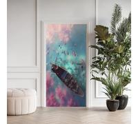 Mer Fantastique Poster de Porte 3D Trompe L'oeil 73x205 cm, Poisson Vie Marine Auto-Adhésif Sticker Porte pour Chambre Cuisine, Bateau en Bois Stickers Autocollants de Porte