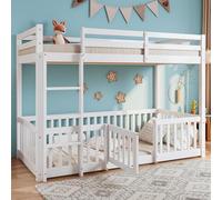 Merax 200x90cm Lits superposés avec escalier à Angle Droit, lit avec clôtures et Portes, lit Enfant avec barrière Anti-Chute et Grillage, Bois Massif (Blanc)