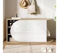 Merax Armoire à chaussures avec banc, 104 × 37 × 50 cm, haute brillance, 2 portes, système push-open, crochet latéral, en aggloméré, blanc et aspect bois naturel