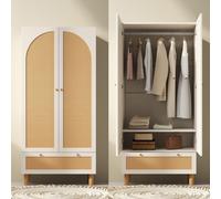 Merax Armoire avec 2 portes et tiroir, armoire pour enfants avec rotin et étagères réglables en hauteur, tringle à vêtements, sécurité anti-basculement, style cottage blanc