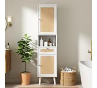 Merax Armoire de salle de bain haute avec portes en rotin, compartiment ouvert, tiroir, armoire de salle de bain autoportante, meuble de salle de bain, armoire de rangement étroite, MDF, 166 cm, blanc