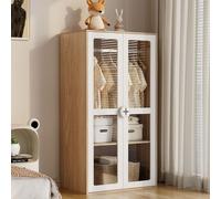 Merax Armoire pour enfants, 2 portes en verre acrylique, tringle à vêtements & étagères réglables, poignées en bois en forme de biscuit, 80×50×150 cm, blanc + naturel