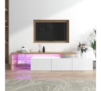 Merax Armoire TV basse avec éclairage LED - Meuble TV moderne avec étagère en verre - Table TV pour salon et salle à manger - Naturel + blanc - 197,5 x 39,5 x 42 cm (L x l x H)